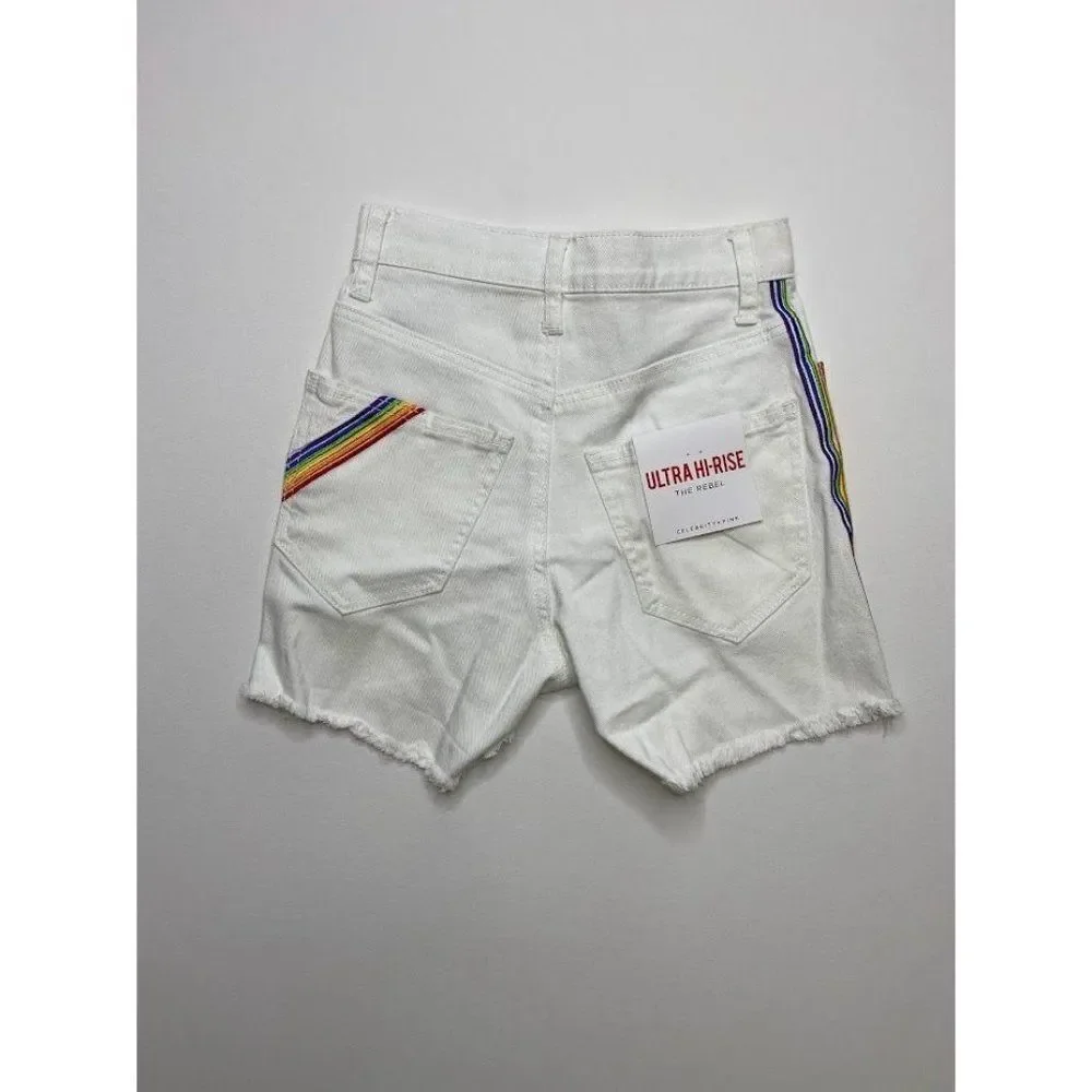 Celebrity Pink Jean Shorts 0 White Juniors' Rainbow Stripe Stretch‎ Raw-Hem NEW
